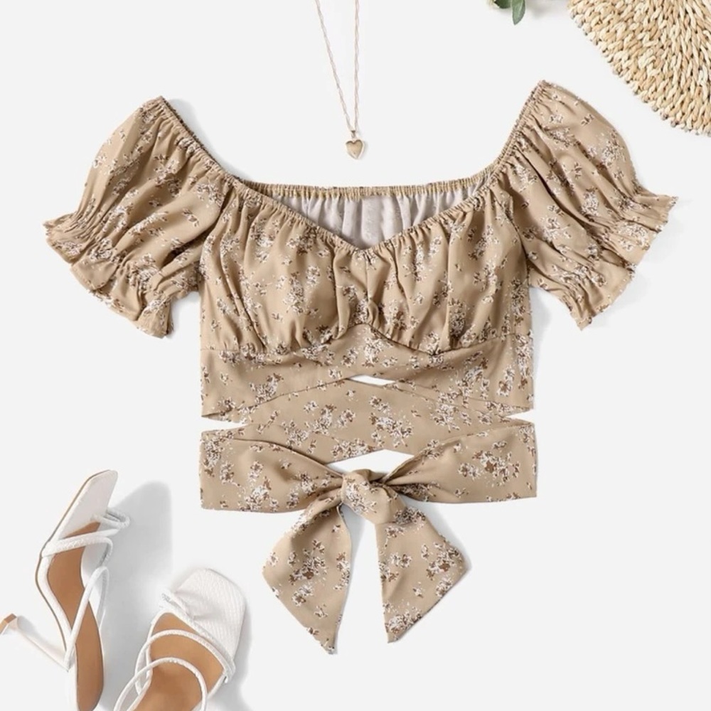 COPY - Floral wrap around tie crop top